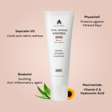 SUGANDA SKINCARE Total Defence Sunscreen | SPF 50| PA++++ | For UVA, UVB & IR Protection | NO WHITE CAST | 50g | with VITAMIN E, NIACINAMIDE & HYALURONIC ACID | ALL SKIN TYPES | MATTE